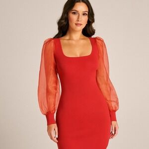 House of Harlow 1960 Red Puff Sheer Sleeve Bodycon Mini Dress Medium Square Neck